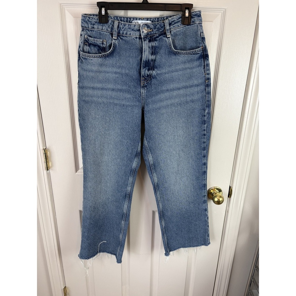 Zara Women Blue High Waisted Straight Leg Raw Hem Denim Jeans Size 8 EUR 40